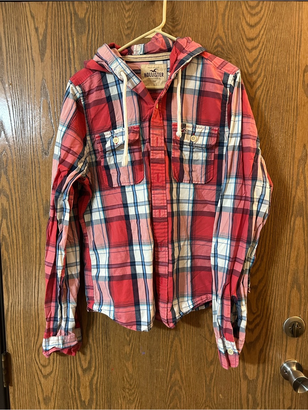 Hollister Red and Blue Plaid Hooded Button-Down Shirt Light Jacket
